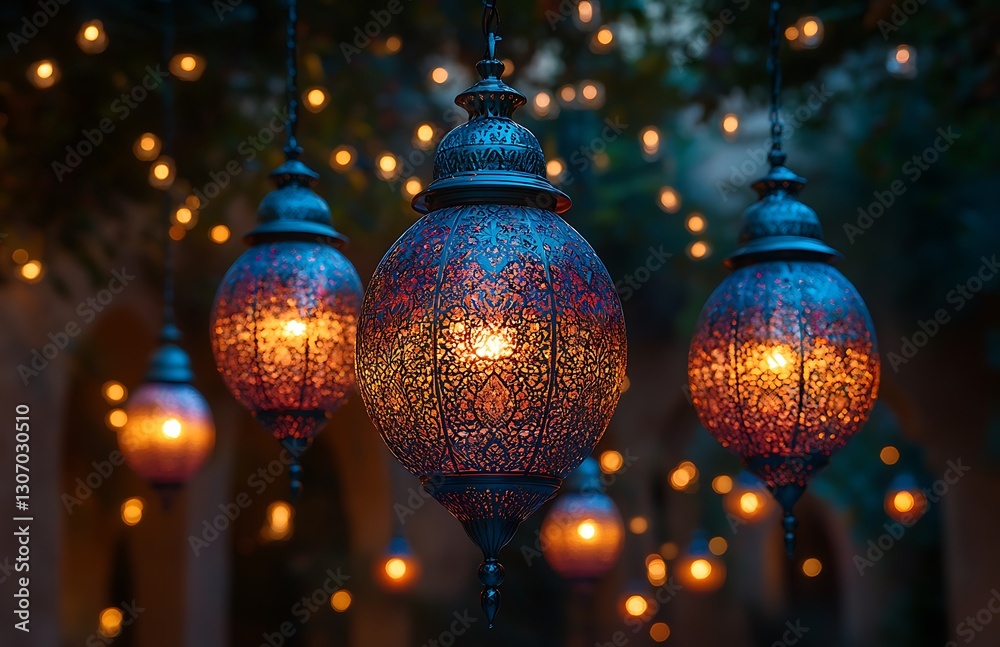 Obraz premium Glowing Intricate Lanterns in a Dimly Lit Festive Setting