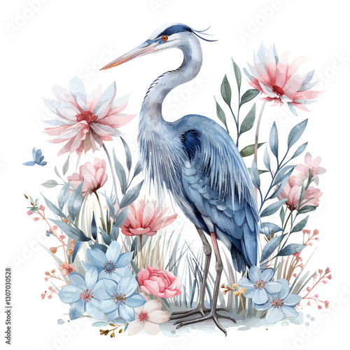 Herons in oriental style with cattails, wildlife illustration, vector isolated in vintage watercolor style.