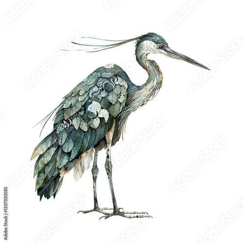 Herons in oriental style with cattails, wildlife illustration, vector isolated in vintage watercolor style.