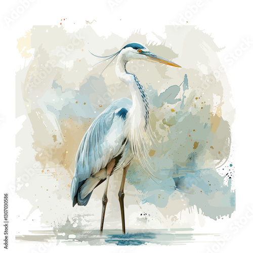 Herons in oriental style with cattails, wildlife illustration, vector isolated in vintage watercolor style.