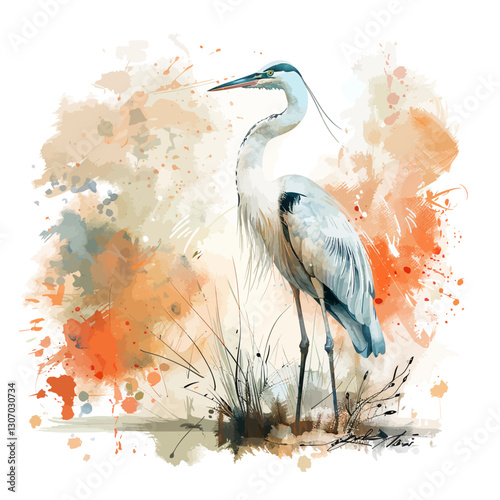 Herons in oriental style with cattails, wildlife illustration, vector isolated in vintage watercolor style.