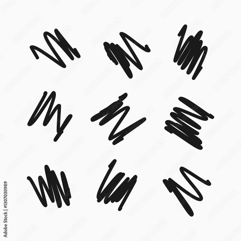 Scribble with a black marker. Set of nine doodle style various scribbles. Black hand drawn design elements on white background. Vector illustration Scribble with a black marker. Set of nine doodle style various scribbles. Black hand drawn design elements on white background. Vector illustration