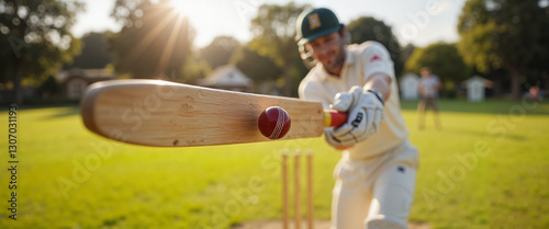 Action shot of a cricket batsman in uniform hitting the ball with motion blur for sports websites and social media
