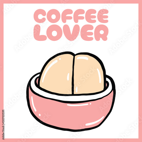 Hand-drawn digital illustration of a coffee bean inside its cherry with bold black outlines and "Coffee Lover" text in a playful font on a white background, Vector