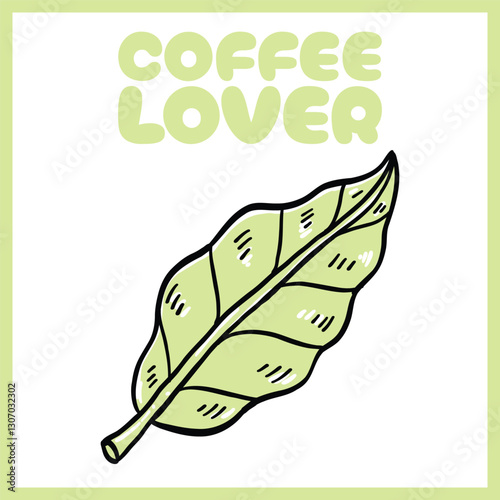 Hand-drawn digital illustration of a green coffee leaf with bold black outlines and "Coffee Lover" text in a playful font on a white background, Vector