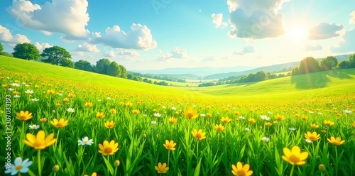Vast expanse of golden and green clover meadow, sun-drenched , Ireland, shamrock, backdrop