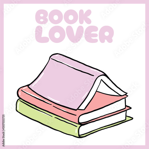 Hand-drawn illustration of stacked books with "Book Lover" text in a pastel color scheme. Perfect design for reading enthusiasts and bookworms, Vector