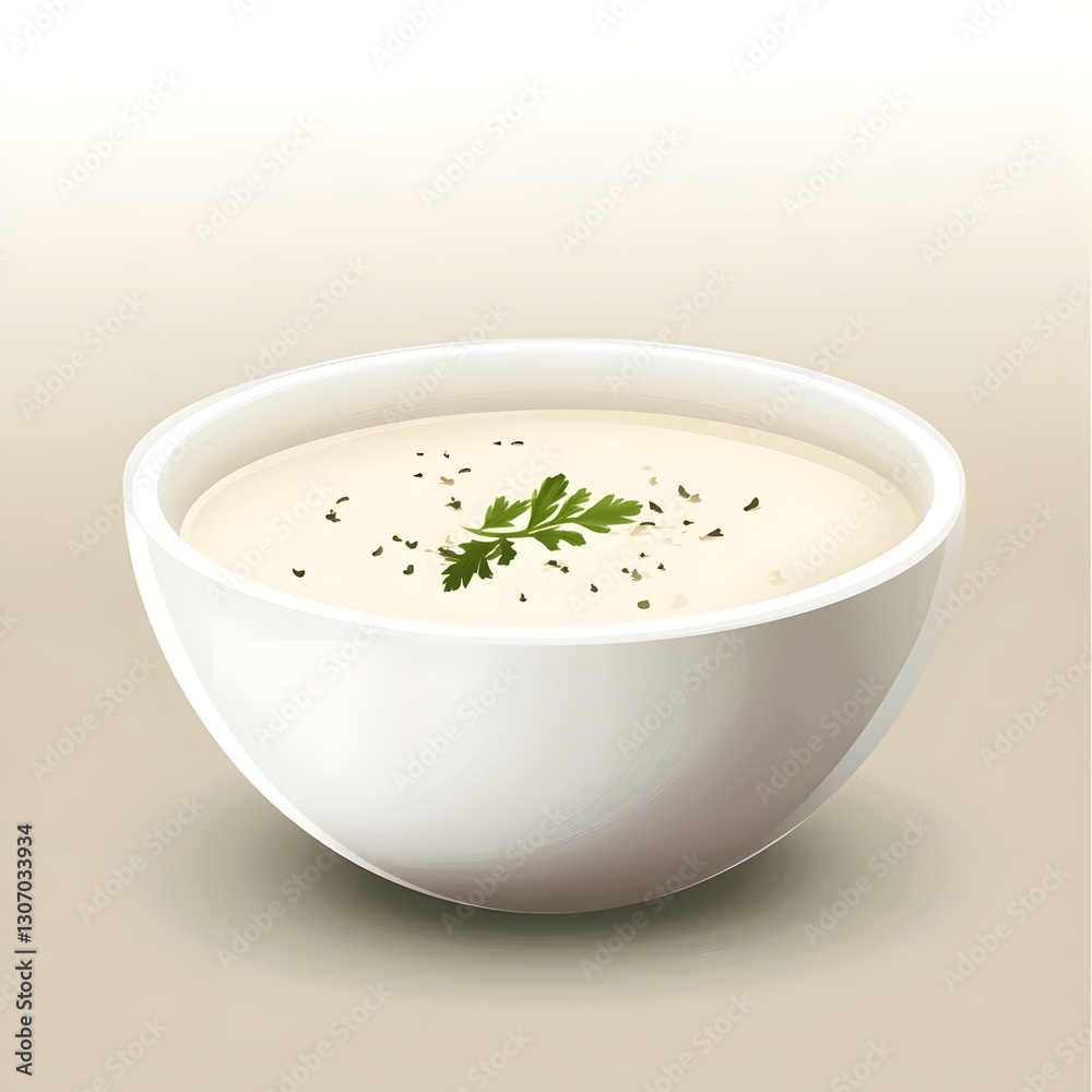 Creamy Soup in White Bowl with Fresh Herb Garnish and Spices Creamy Soup in White Bowl with Fresh Herb Garnish and Spices