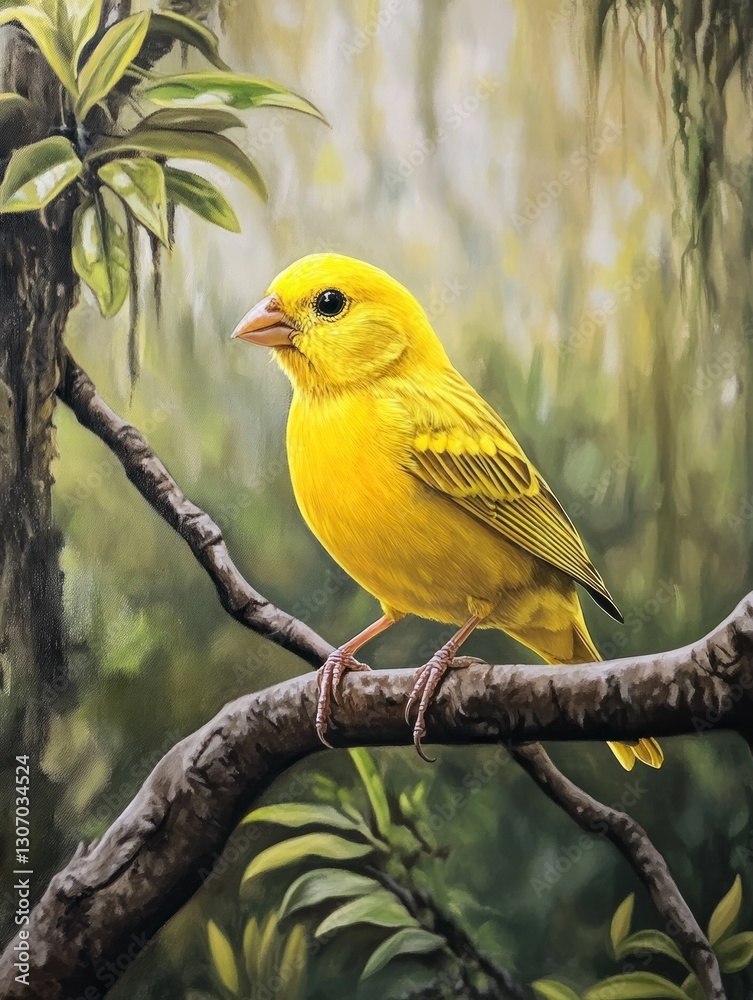 Yellow Canary Bird Perched on Branch in Lush Green Forest Scene Yellow Canary Bird Perched on Branch in Lush Green Forest Scene
