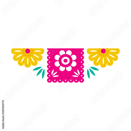 Mexican decorative frame and border. colorful flowers and paper garland. icon illustration