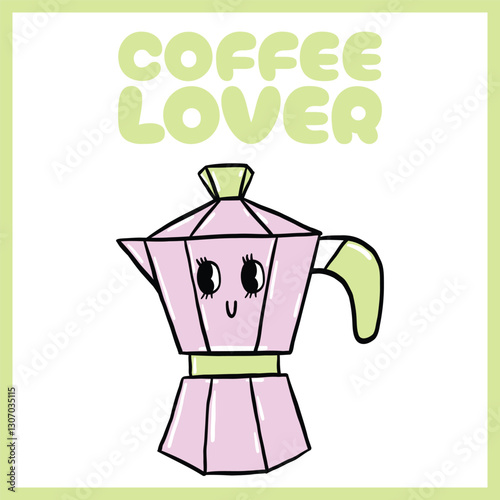 Playful digital illustration of a smiling pink moka pot with "Coffee Lover" text, featuring pastel colors and a cartoonish design, Vector