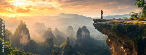A man stands on the edge of an enormous cliff, overlooking vast mountains and forests under a golden sunset sky
