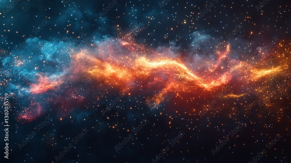 Fototapeta premium A vibrant cosmic scene featuring swirling colors of blue, orange, and gold, representing a nebula in the vastness of space.