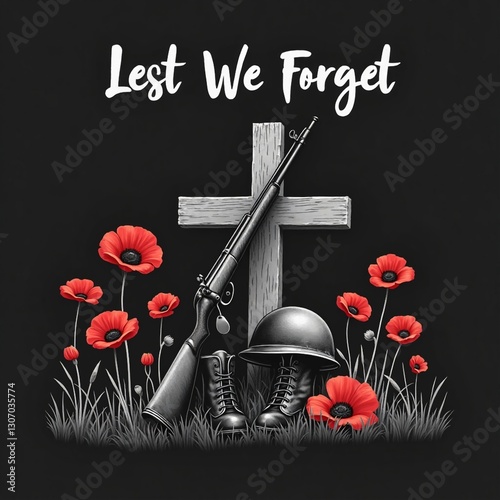 cross with a rifle and boots and helmet and red poppies on a black background with copy space, concept for for Anzac day or remembrance day or memorial day