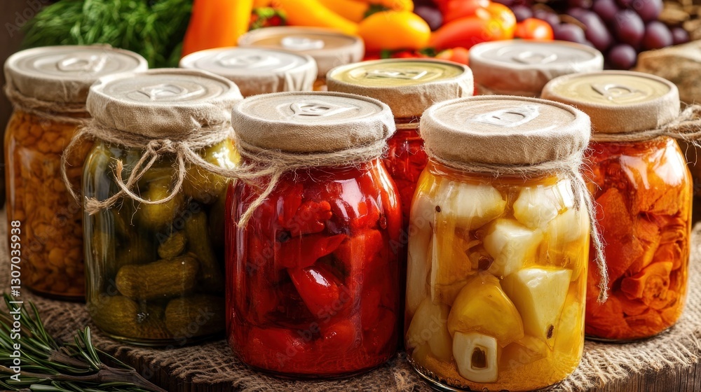 A Rustic Still Life of Preserved Foods: Jars of Pickled Vegetables and Peppers