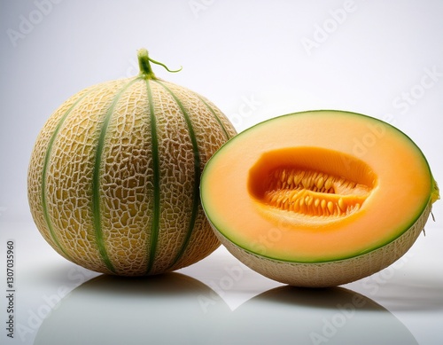 Fotografía profesional, de un melón y otro partida por la mitad, fondo blanco, realista, 4k
