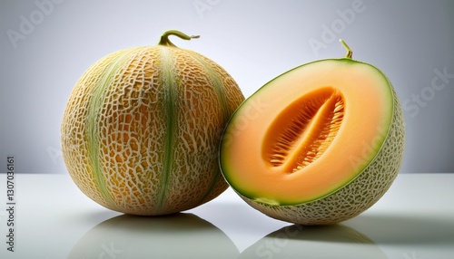Fotografía profesional, de un melón y otro partida por la mitad, fondo blanco, realista, 4k
