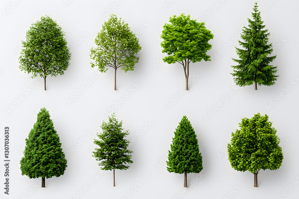 Fototapeta premium 3d realistic green trees collection isolated on white background