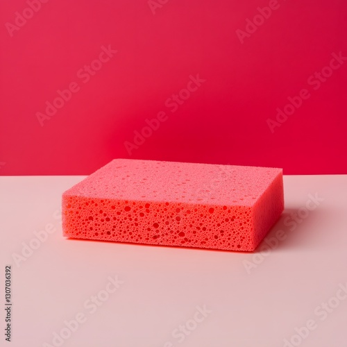 Vibrant Pink Cleaning Sponge on Soft Surface with Colorful Background