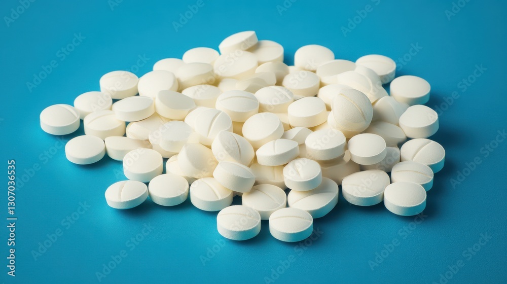 A pile of white, round pills with a scored line sits on a vibrant blue background, symbolizing health and medication A pile of white, round pills with a scored line sits on a vibrant blue background, symbolizing health and medication