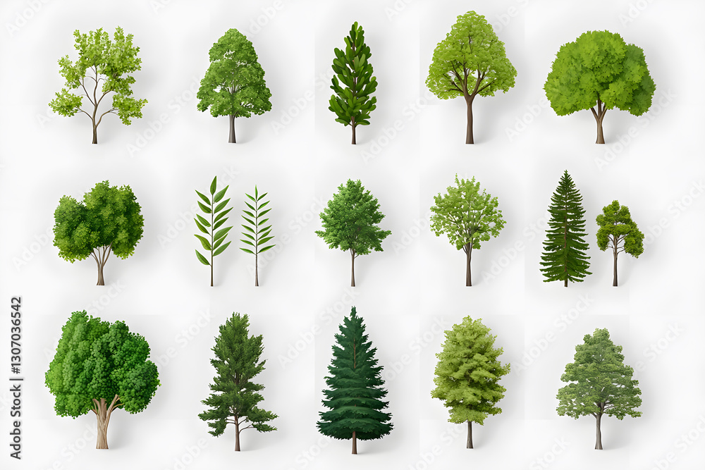 Fototapeta premium 3d realistic green trees collection isolated on white background