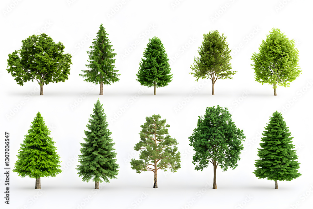 Fototapeta premium 3d realistic green trees collection isolated on white background 
