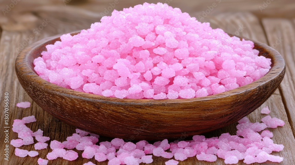 Pink Salt in Wooden Bowl on Wood