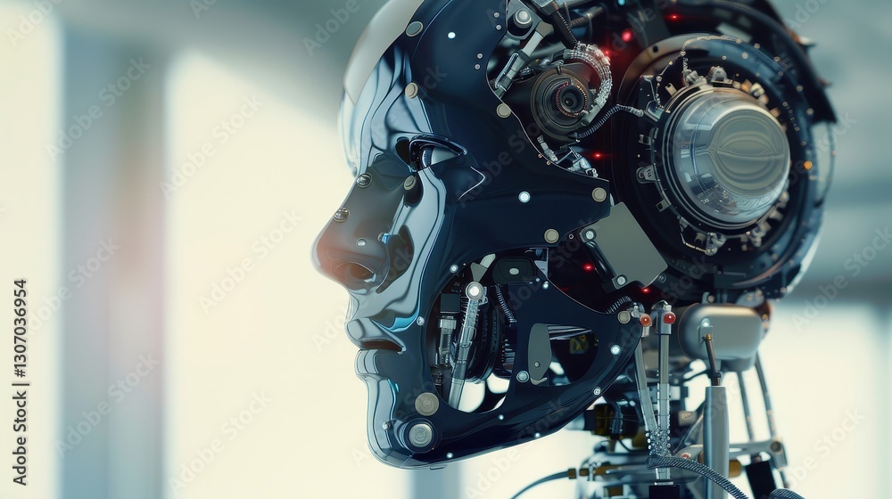 Fototapeta premium Robot head with human features engaged in virtual interaction