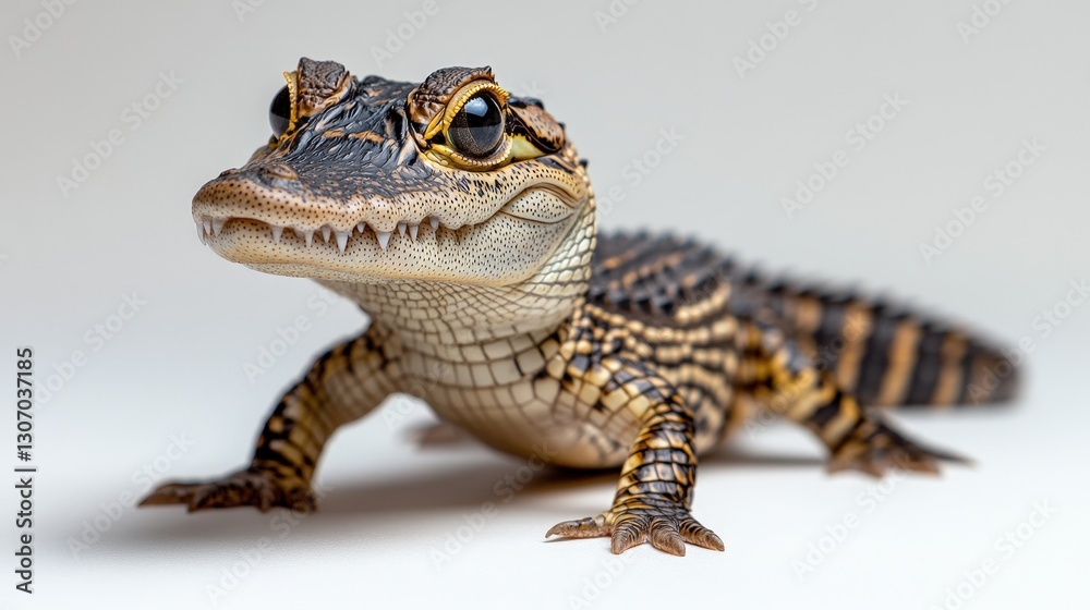 A striking close-up reveals an alligator's head and upper body, turning to the left. Its striking black-and-tan patterns add intensity to its formidable gaze A striking close-up reveals an alligator's head and upper body, turning to the left. Its striking black-and-tan patterns add intensity to its formidable gaze