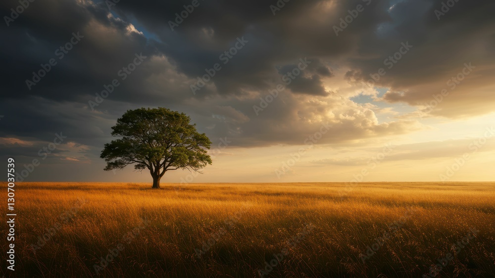 Fototapeta premium Solitary tree in golden grass field under dramatic sunset sky with clouds creating tranquil atmosphere