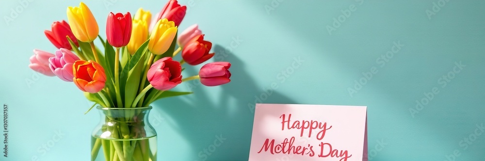 Colorful arrangement of tulips in a vase with a Colorful arrangement of tulips in a vase with a
