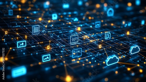 Layers of digital networks devices cloud icons interlinked in a seamless web depicting a tech ecosystem