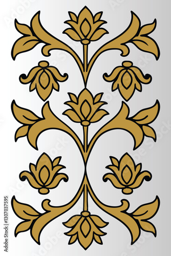 Gold and Brown Symmetrical Design with Medieval Manuscript Style and Art Nouveau Influence.