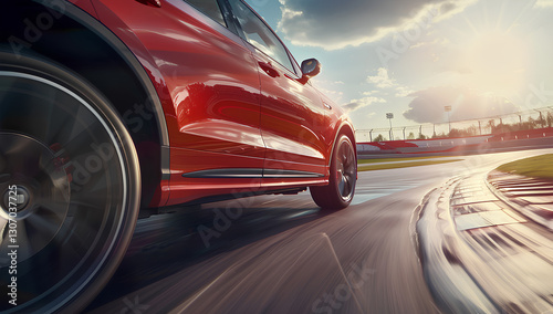 close-up of the wheel and side view of the vehicle, with a car race track in the background.