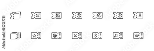 Vector ticket icons set featuring travel, event, and entertainment symbols.