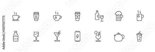 Vector beverage icons set: coffee, tea, wine, and more.