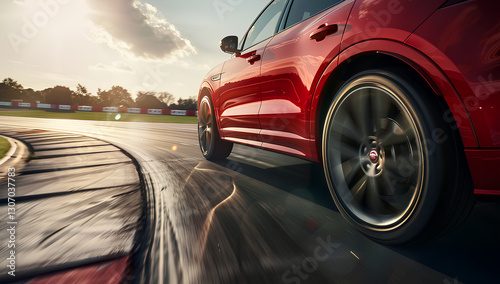close-up of the wheel and side view of the vehicle, with a car race track in the background.