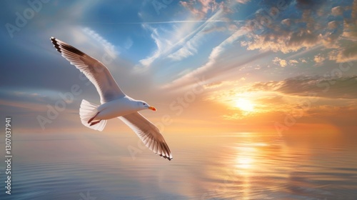 Seagull Soars Against a Vibrant Sunset Over Calm Waters