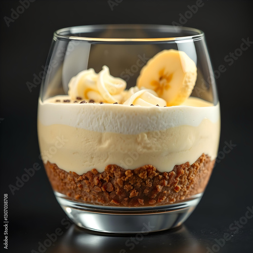 One portion of banoffee pie served in a glass