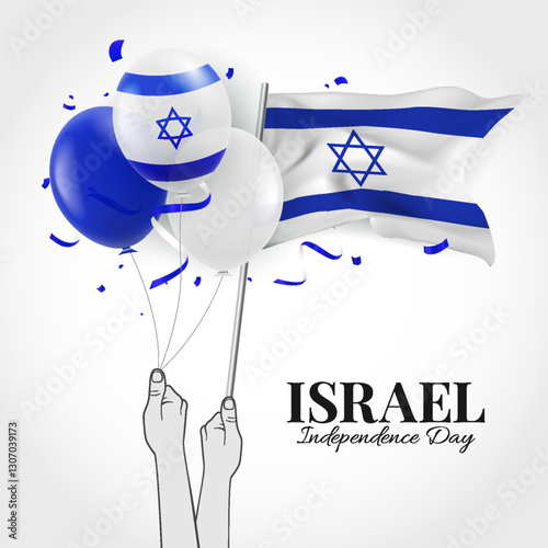 Independence Day of Israel. Hands holding the flag of Israel in the shape of a  balloon. Vector Illustration
