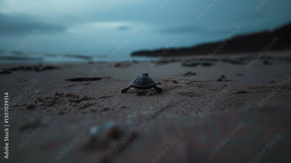 Fototapeta premium A small turtle makes its way to the water at dusk