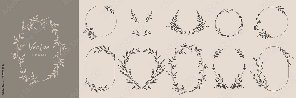 Collection of floral frames with silhouettes of branches, leaves and flowers. Hand drawn elegant delicate botanical borders and wreaths. Vector isolated elements for wedding invitation, card, logo