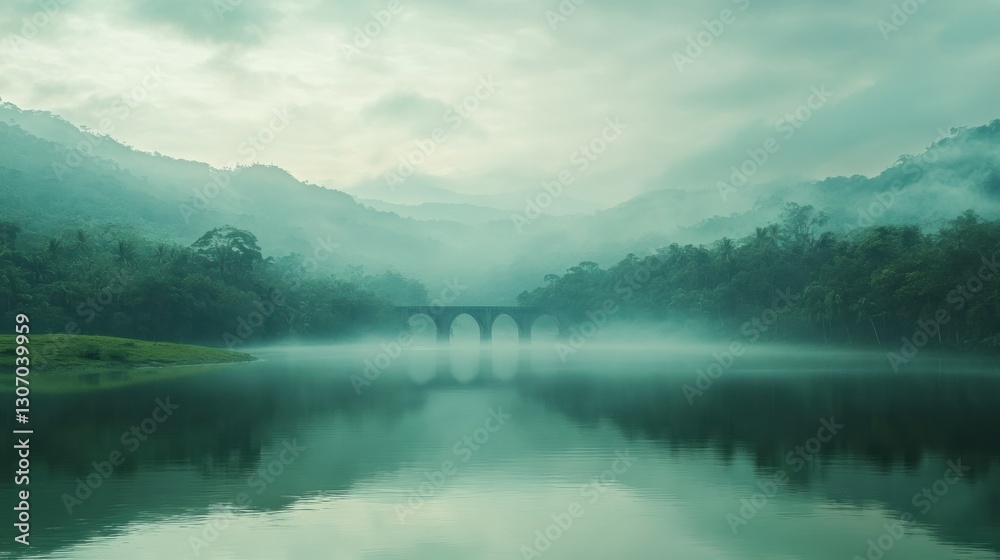 Misty Mountain Valley Bridge Over Calm Lake Misty Mountain Valley Bridge Over Calm Lake