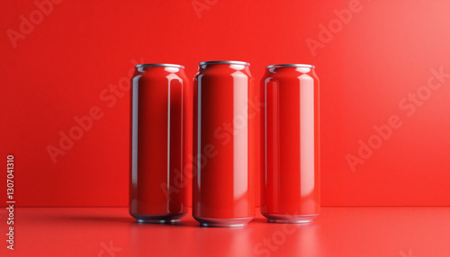 Beverage cans displayed on vibrant red backdrop, product mockup