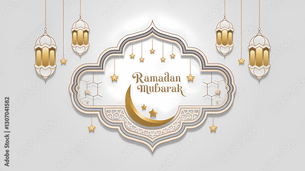 Fototapeta premium Elegant Ramadan Mubarak Hanging Lanterns with Crescent Moon, Twinkling Stars, and Islamic Geometric Patterns in Gold Line Art on a White Background Creating a Ramadan Festive and Spiritual Ambiance