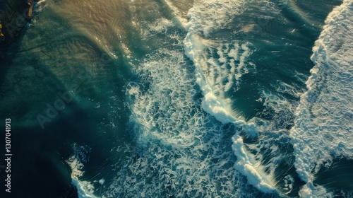 Aerial View of Surfing Spot with Crashing Waves and Sunlight