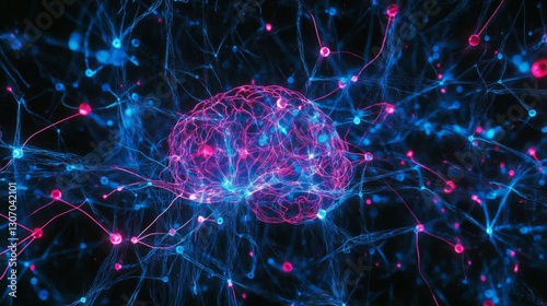 Abstract neural network brain structure, intricate connections, dark background, scientific illustration photo
