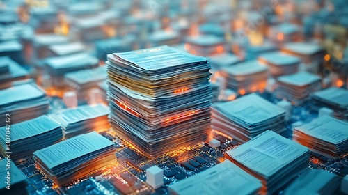 Stacks of digital policy documents layered over citys network map signifying cybersecurity policies