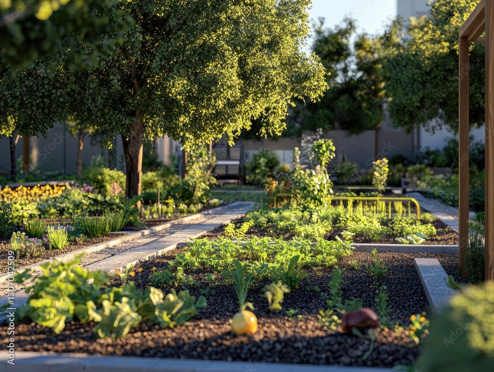 Obraz premium Sun-Kissed urban garden oasis offers a peaceful escape with healthy crops