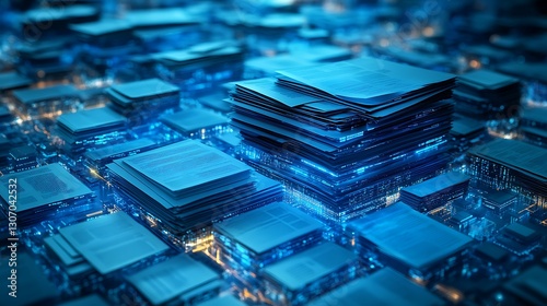 Stacks of digital policy documents layered over citys network map signifying cybersecurity policies